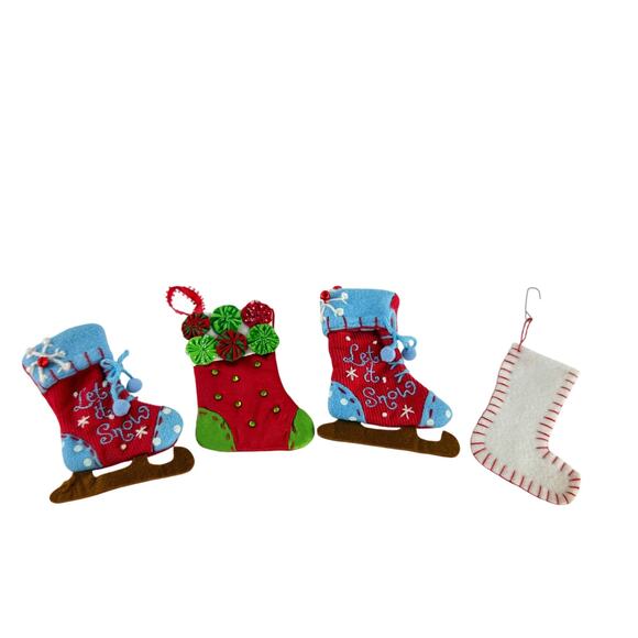 Vintage Let It Snow Mini Stocking Ornaments Set of 4 Felt Corduroy Style - Picture 5 of 11